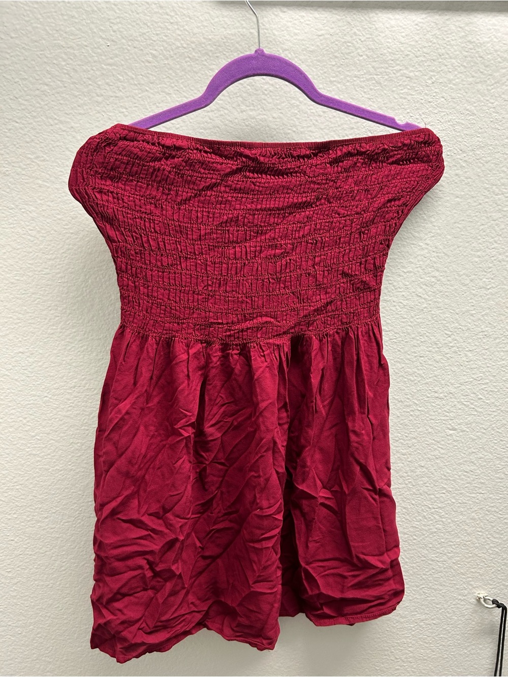 Just Quella Smocked Strapless Mini Dress in Burgundy